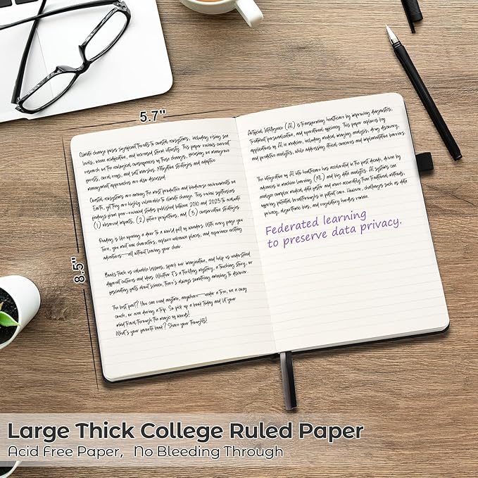College Ruled Notebook, A5 Hardcover Leather Notebook for Work, Lined Notebook Journal for Women, Men, 100GSM Thick Paper, Large Notebook with Pockets, Professional Business Notebook, 5.7"x8.5", Black