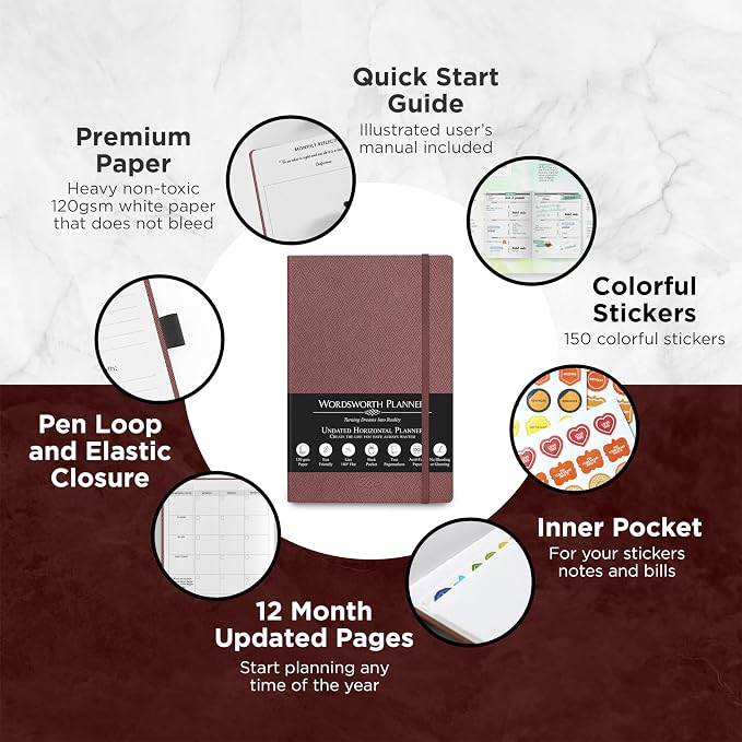 Wordsworth & Black A5 Undated Weekly, Monthly Planner, A5 Paper, Brown