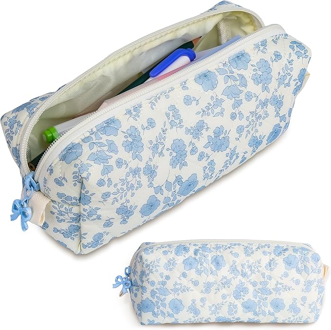 Cute Quilted Pencil Case for Girls Women, Aesthetic Small Floral Pencil Pouch,Slim Soft Pencil Bag for School Supplies Makeup Pouch for School & Daily Use (blue floral)