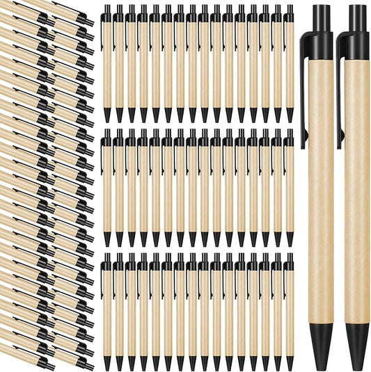 Sabary 100 Pcs First Day of School Pens Bulk Kraft Paper Ballpoints Retractable Black Click Pens 1 mm Recycled Paper Ballpoint for School Coworkers Writing Office Supplies(5.5 Inch,Black)