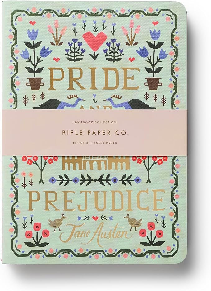 RIFLE PAPER CO. Assorted Set of 3 Jane Austen Notebooks, 8.5" L x 6" W, Set Of 3, 64 Ruled Pages With Gold Ink, Full-Color Die-Cut Canvas Cover With White Text Paper Interior