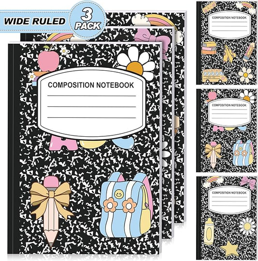 Eaasty Composition Notebook Wide Ruled Paper Assorted Marble Aesthetic Composition Notebook 100 Page 7.5" x 9.75" Journal Gift for Back to School First Day of School Students Teacher(3 Pcs,Classic)