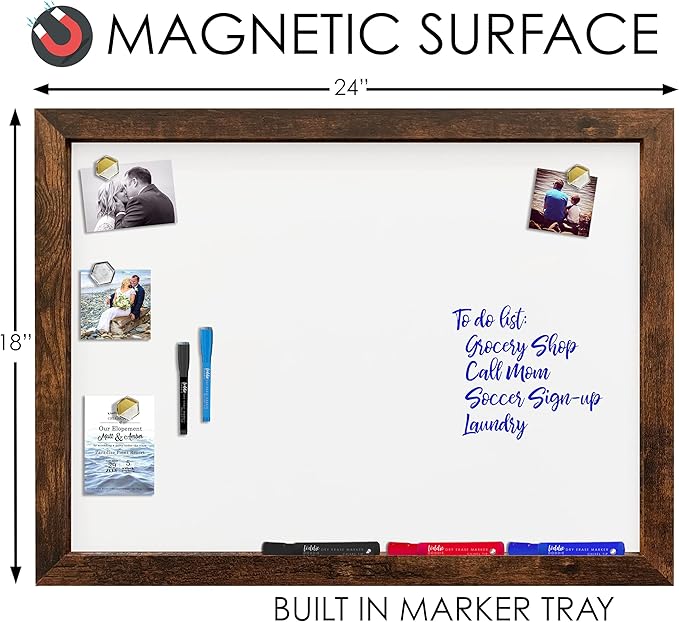 Loddie Doddie Magnetic Dry Erase Board for Wall - 18 x 24 in, Rustic Frame - Easy-Clean Whiteboard Surface - Built-in Marker Tray & Whiteboard Accessories - Magnet Board for Notes & Photos