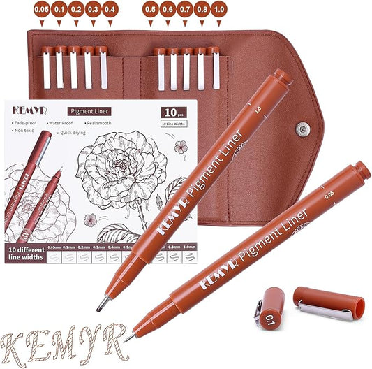 KEMYR 10 Micro Fine liner Drawing Art Pens Calligraphy Pens: 0.05mm-1.0mm Size Art supplies Waterproof Archival Sepia Ink Markers For Artists,Use for Professional Watercolor,Sketching
