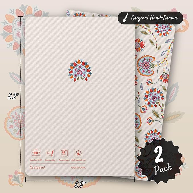 Stitched Composition Notebooks 2-Pack with Unique Art Designed Cover, A5 Lined Diary (8.2"L*5.5"W), Lay Flat Design, Thicked Paper Writes Smoothly for School and Office (Bohemian)