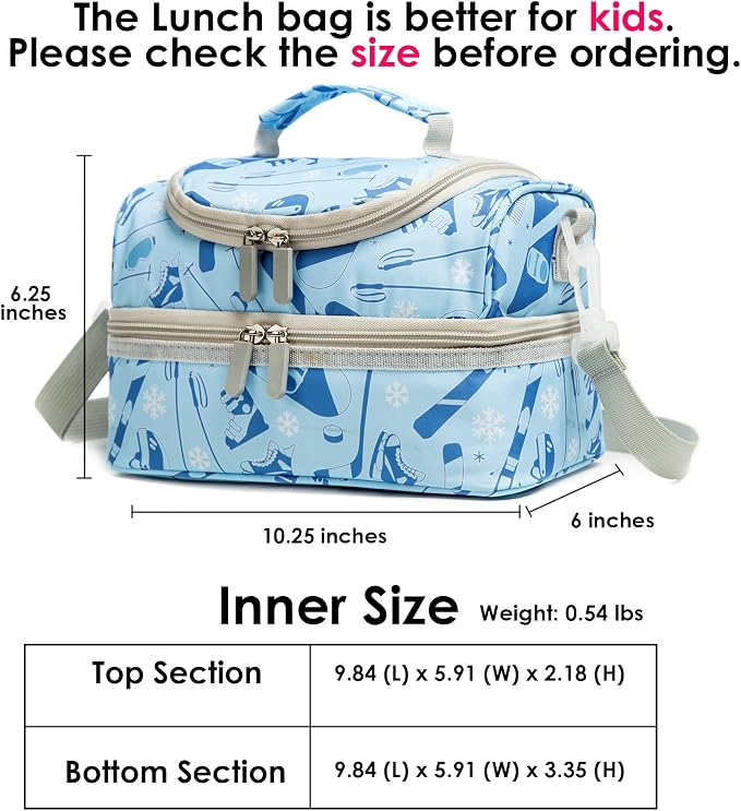 Insulated Kids Double Decker Lunch Bag Tote Pack for Girls Boys Toddler School Picnic Food Cooler Hot Water Ice with Strap (Winter Sports)