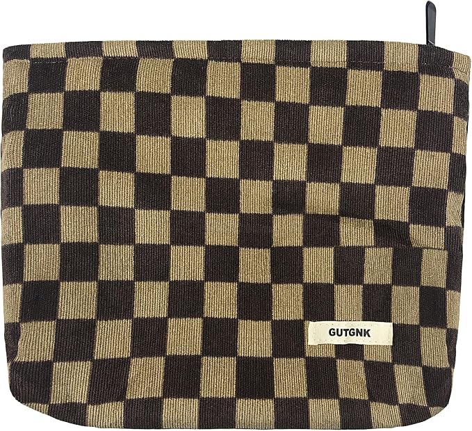 GUTGNK Women's Cosmetic Bag, Corduroy Checkerboard Travel Cosmetic Bag Small Cosmetic Bag Skin Care Cosmetic Changing Handy Bag Zipper Organizer