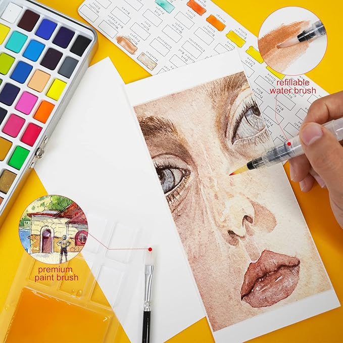 TAVOLOZZA Watercolor Paint Set, 50 Vivid Colors Including Metallic and Fluorescent Colors in Gift Box,Perfect Watercolor Set for Artists, Painting Lovers