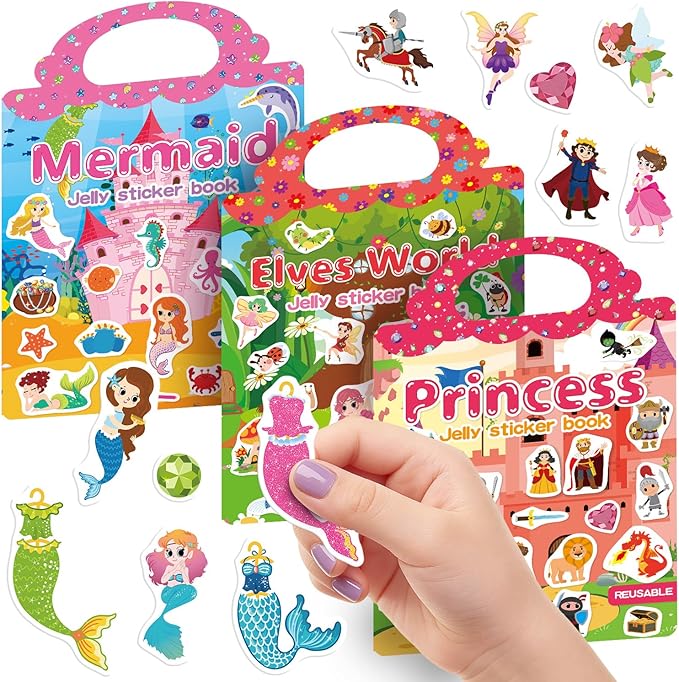 3 Sets Reusable Sticker Book for Toddlers 3-6, Jelly Sticker Books for Toddler, Travel Sticker Activity Toys for Kids 3 4 5 6 Years Old Girls(Princess+Mermaid+Elves World)