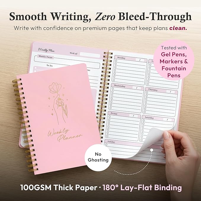 Undated Weekly Planner & Notebook for Work, School & Home — Aesthetic Hardcover Spiral Blank Planner with Habit Tracker, Goal Organizer & To Do List — 124 No-Bleed Pages, 6.4×8.5", Pink