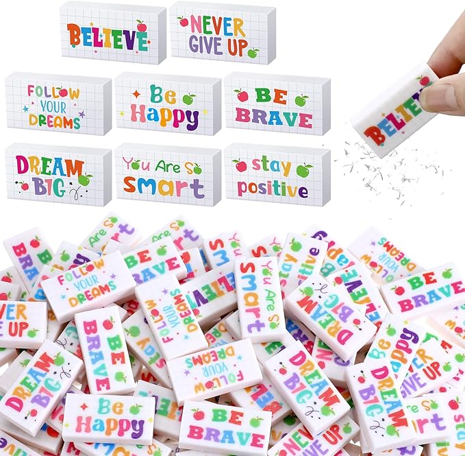 Dunzoom 100 Pcs End of Year Inspirational Pencil Erasers Bulk for Kids Back to School Fun Motivational Eraser School Office Supplies for Students Classroom Office Teacher Artists(Lovely)