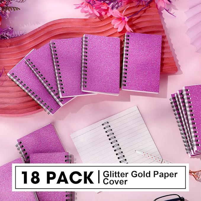 Jutom 18 Pcs Small Spiral Notebooks Memo Pads 3x5 Bulk Small Pocket Notebooks Mini Notepads with Lined Pages Mini Journals for Office School Work Supplies, 120 Pages (Glitter Pink)