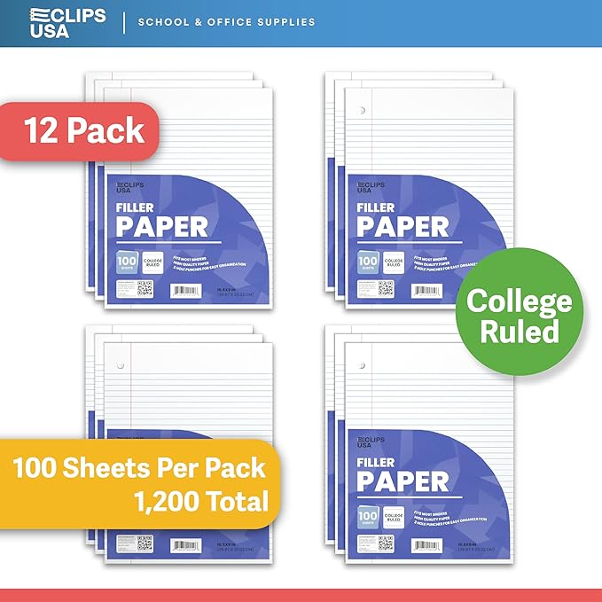 Loose Leaf Paper College Ruled Notebook Paper College Ruled Lined Writing Filler Paper 10.5” x 8” 1200 Sheets 100 Sheets Per Pack 60 gsm (12 Pack)