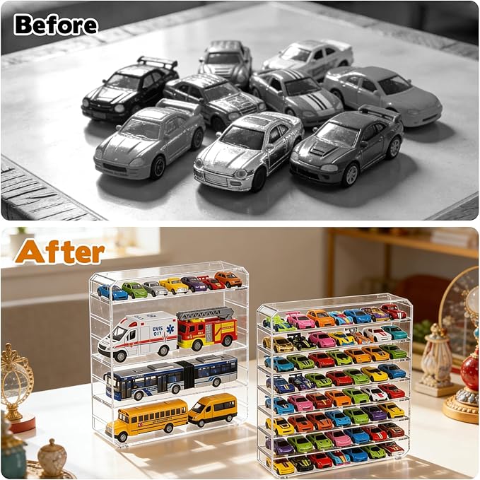 8-Tier Clear Storage Organizer Case, 2PCS 1/64 Scale Toy Car Storage Shelves Desktop Organizer Rack Compatible with Matchbox Car Hot Wheels Monster Jam Trucks Removable Acrylic Shelves