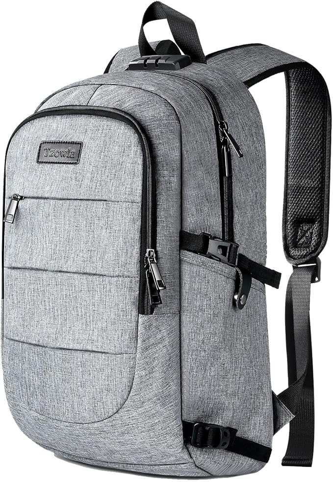 Tzowla Travel Laptop Backpack Water Resistant Anti-Theft Bag with Giant Tumbler Holder Pocket and Lock 15.6 Inch Computer Business Backpacks for Women Men Work College Gift,Casual Daypack(Grey)