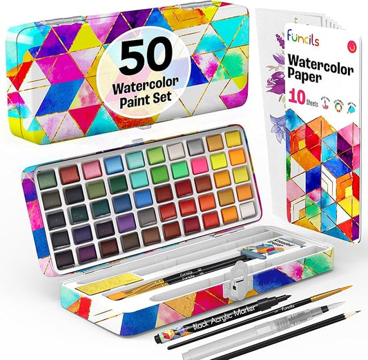 Watercolor Paint Set - 50 Travel Watercolors Set - Water Colors Paint for Adult, Beginners, Professional Artists | Watercolor Palette with Paper, Brush, Pen | Art Supplies for Adults