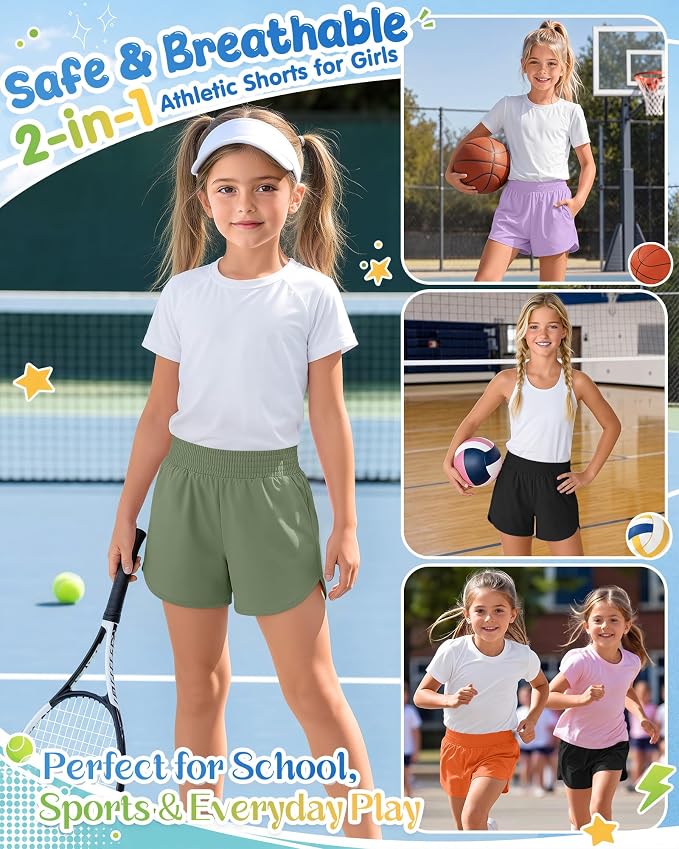 4 Pack Girls Athletic Shorts 2 in 1 Quick Dry High Waist Tween Shorts with Liner Kids Back to School Running Shorts