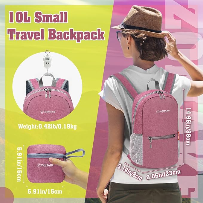 ZOMAKE Lightweight Packable Backpack, 10L Small Foldable Daypack for Hiking | Water Resistant Collapsible Backpacks for Women Men, Everyday Carry, Multi Compartment Storage, Adjustable Strap(Pink A5)