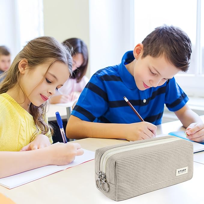 KALIDI Large Pencil Case Corduroy Pencil Pouch Box Cute School Supplies for Teen Girls Boys, Grey