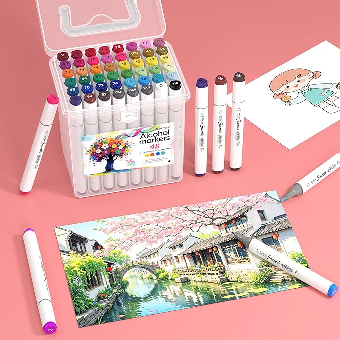Alcohol Markers, 48 Colors Dual Tip Art Coloring Markers for Adult Coloring Books, Drawing, Sketching, Painting Supplies, Alcohol Based with Carrying Case