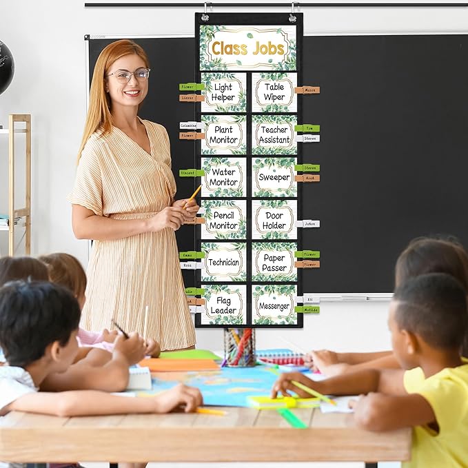 Pasimy Eucalyptus Class Jobs Pocket Chart Class Helpers Pocket Chart Classroom Jobs Cards with Clips and Hooks Teacher Helper Bulletin Board Set for Back to School Classroom Teacher Supplies