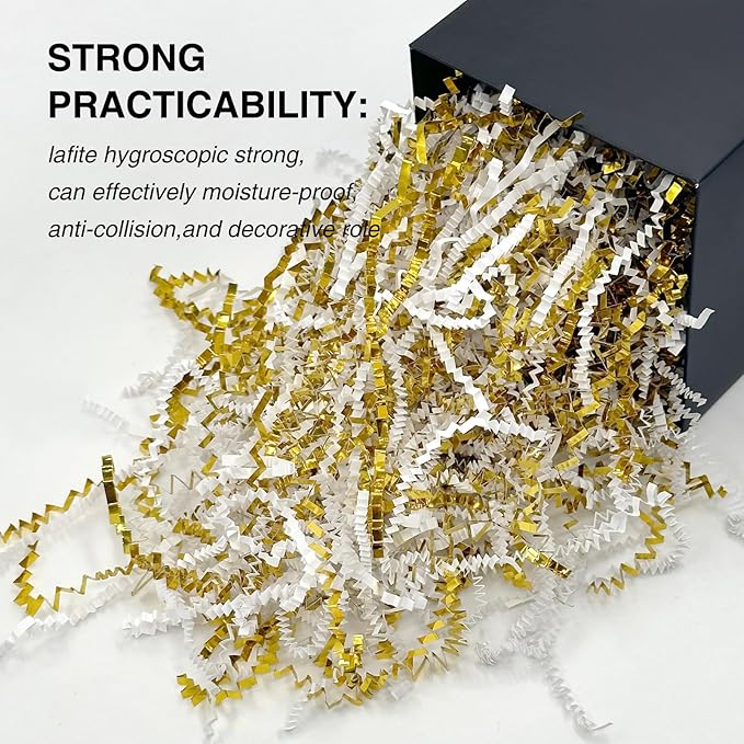 1LB Crinkle Cut Paper Shred Filler for Gift Box Bag and Basket On Holidays(Gold&White)