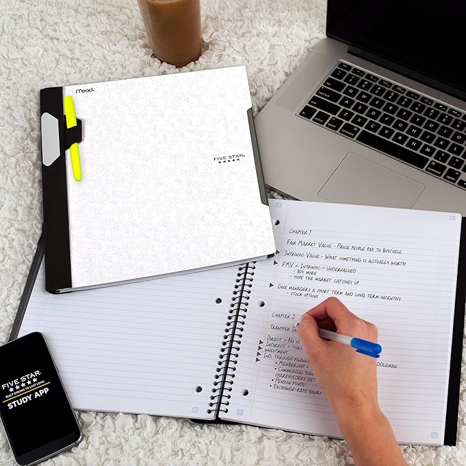 Five Star Advance Spiral Notebook + Study App, 1 Subject, College Ruled Paper, 8-1/2" x 11", 100 Sheets, Spiral Guard, Movable Tabbed Dividers, White (820012B-ECM)