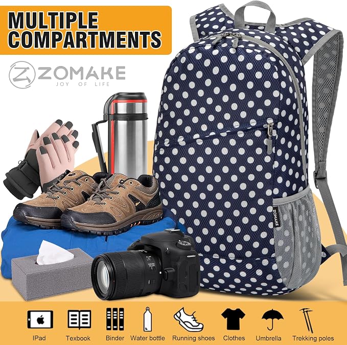 ZOMAKE Lightweight Packable Backpack 20L, Foldable Small Daypack for Hiking | Water Resistant Backpacks Day Bag for Travel Outdoor Camping Sport, Everyday Carry, Multiple Pockets(Blue, White Polka Dot)