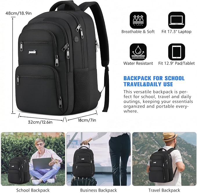 Paude Laptop Backpack,17.3 Inch School Backpack Large Bookbag for High School College Students,Black Backpack for Men Office Business,Waterproof