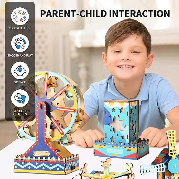 5-in-1 STEM Kits for Kids 6-12, Colorful UV Printed Wooden Building Toys with Motorized Ferris Wheel & Night Light, DIY Science Engineering Projects, Educational Gifts for Boys Girls