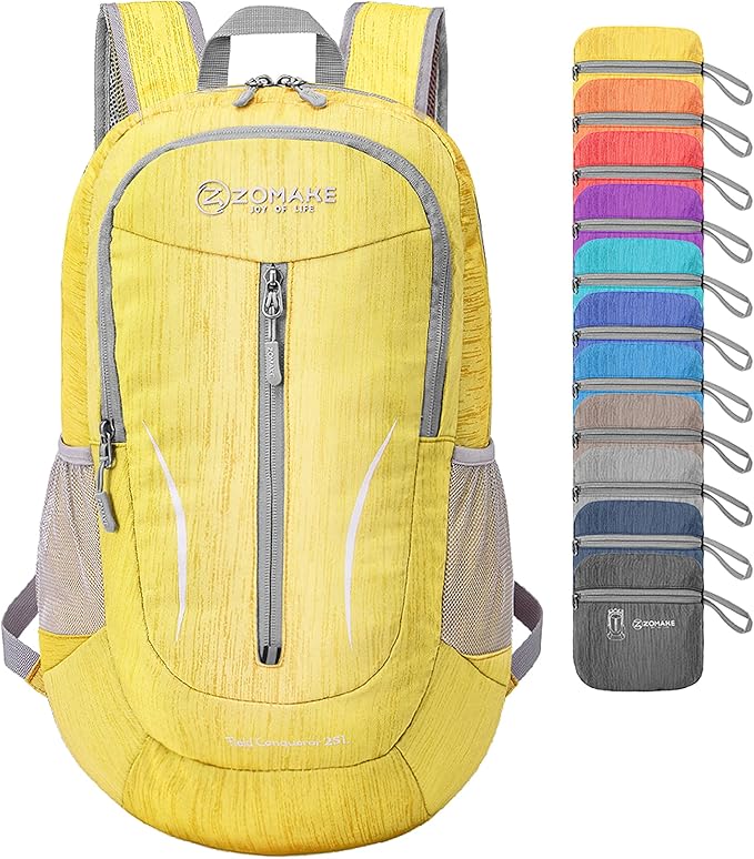 ZOMAKE 25L Ultra Lightweight Packable Backpack, Foldable Hiking Backpacks | Water Resistant Small Folding Daypack for Travel Camping, Everyday Carry, Multi-Pocket Layout, Adjustable Strap(Yellow)