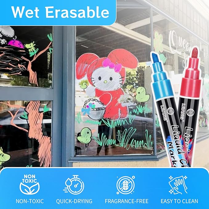 IJIANG Liquid Chalk Markers Metallic Chalk Pens Erasable 8 Colors 6 MM Reversible Tip Chalkboard Marker Non-Toxic, Non-Dusting Chalk Markers Set For Menu, Poster, Metal, Plastic, Whiteboard, Ceramic