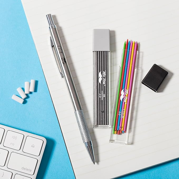 Mr. Pen- Metal Mechanical Pencil Set with Lead Refills & Erasers, 2mm, HB & Colored Lead Refills, 4x Eraser Refills for School Supplies, Note Taking, Drawing, Sketching, Office