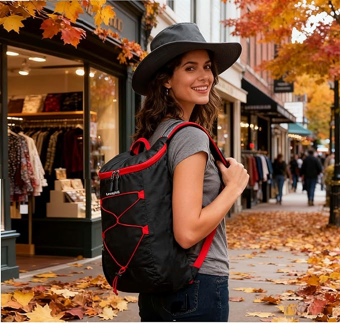 levayhill 16L Lightweight Foldable Hiking-Backpack Small Packable-Daypack For Travel,Ultralight Water-Resistant Gym Bag Men Women Easy Carry-on (Black+Red)