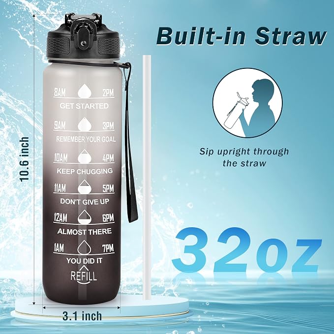 YC Kitchen Motivational Water Bottle with Time Marker - 32oz, Leak-proof BPA Free Sports Water Bottles with Straw & Carrying Strap (Pack of 2)