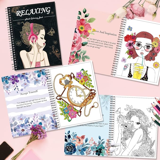 Kalysky Adult Coloring Book for Women,2Pack Mindfulness Coloring Books for Adults Relaxation Anxiety and Depression,Spiral Bound,Relaxation Arts and Crafts for Women