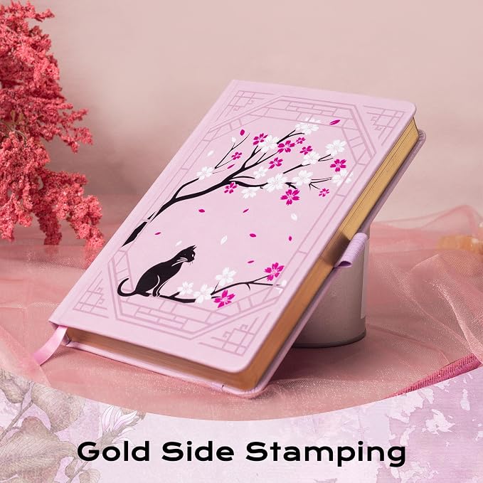 TIEFOSSI A5 Lined Journal, Cute Cat Journal for Women Girls, College Ruled Notebook with Pretty Sakura Pattern, Aesthetic Diary for Writing Journaling Drawing, Golden Edges