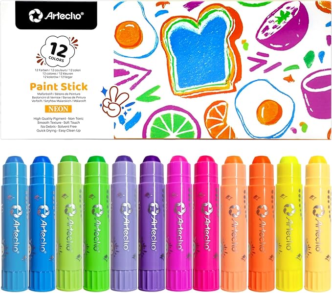 Artecho Tempera Paint Sticks, 12 Neon Colors Washable Paint Sticks