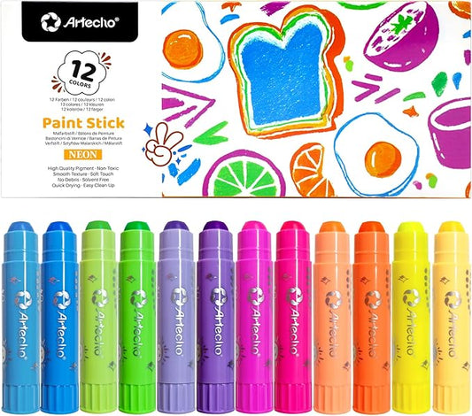 Artecho Tempera Paint Sticks, 12 Neon Colors Washable Paint Sticks