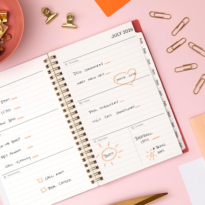 Blue Sky 2026-2027 Weekly and Monthly Academic Year Planner Calendar, July 2026 - June 2027, 5" x 8", Clear Pocket Cover, Wirebound, Laminated Tabs, Cali Pink