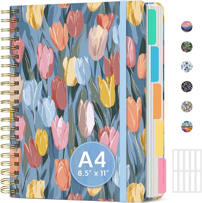 Taja Pretty Large Spiral Lined Notebook for Work with 5 Removable Dividers