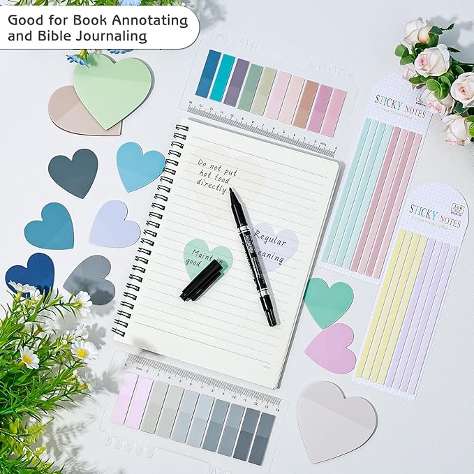 870 Sheets Transparent Sticky Notes, Clear 3 x 3 Heart Sticky Notes with Marker, Waterproof Translucent Annotation Index Tabs for Bible Study Journaling Supplies