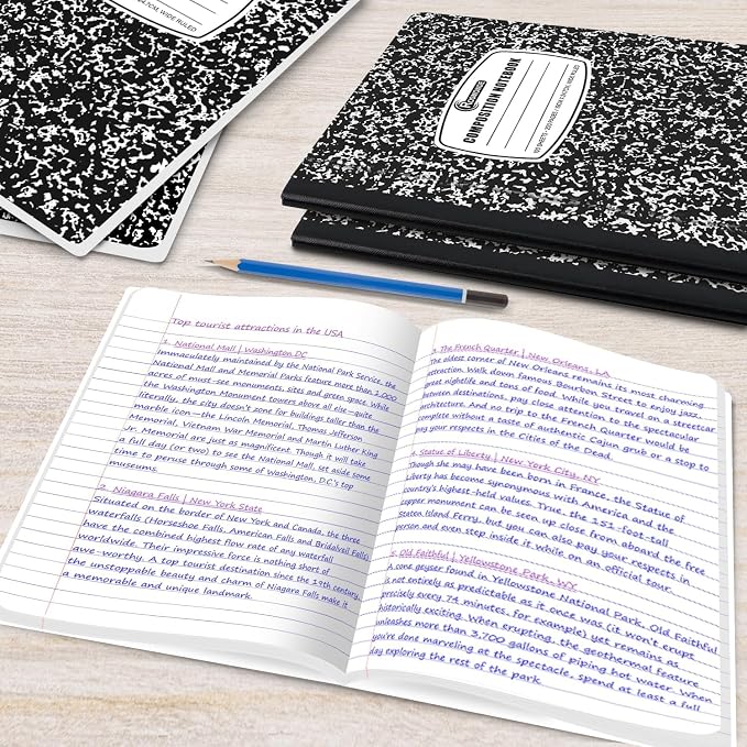 Rosmonde 100 Pack Composition Notebooks Bulk Wide Ruled, 200 Pages (100 Sheets), 9-3/4 x 7-1/2, Hard Cover, Bulk Black Marble Composition Notebook, Bulk Office Notebooks, Bulk Notebooks School Supplies
