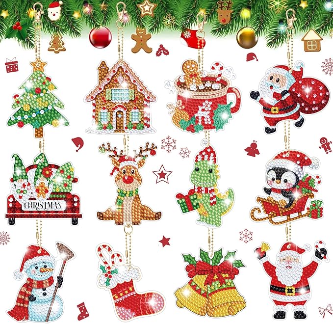 12 Pieces Christmas Diamond Art Keychains Kits- Christmas Crafts for Adults - Arts and Crafts - Make Your Own Diamond Ornaments Painting Gift for Family Decor