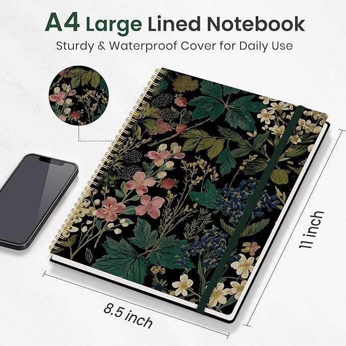 Taja Large Spiral Lined Journal for Women, 8.5" x 11" Notebooks for Work Collge Ruled, A4 Aesthetic Cute Journaling Notebooks for Writing, Plastic Cover, Forest Botanica