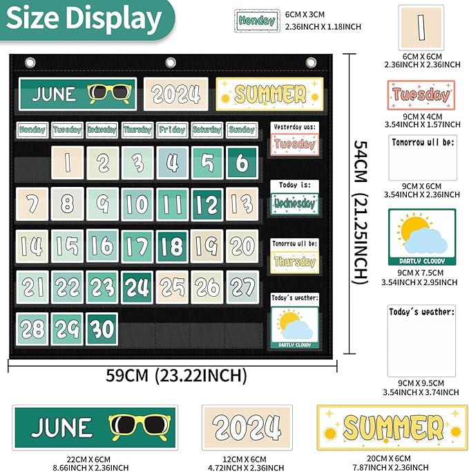 Mewise Classroom Calendar Pocket Chart and Weather Station Set - Groovy Retro Classroom Decor, 126+ Cards Bulletin Board Display for Morning Meeting, Homeschool Supplies, PreK-2nd Grade (Black)