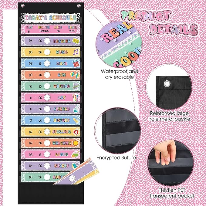Pasimy Daily Schedule Pocket Chart for Classroom 15+1 Pockets with 31 Double Sided Reusable Cards 2 Magnetic Erasable Pens & Hangers Visual Schedule Chart School Office Home Decor(Black,Composition)