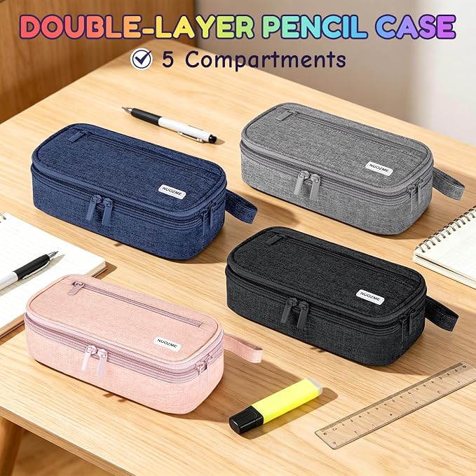 Double Layer Large Big Capacity Pencil Case Pouch Bag with Double Zipper | 5 Compartments Multiple Pockets, Aesthetic Canvas Stationery Pen Case Bag for Teens Girls,Boys,Students,College