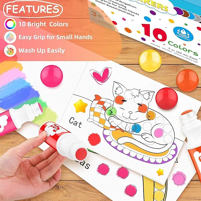 Soucolor 20-Pack 10 Colors Washable Bingo Paint Daubers Markers for Toddlers Kids Preschool, Dot Markers Set with 48 Pages Tearable Activity Book for Toddler Arts and Crafts Kits Supplies
