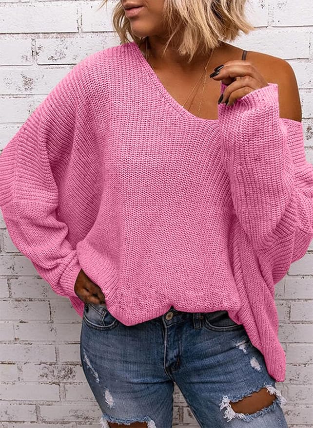 BZB Women's V Neck Long Sleeve Knit Loose Oversized Pullover Sweater Top